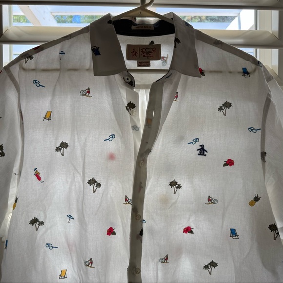 Original Penguin Men’s XL White Collared Button Front Shirt with Tropical Icons - Picture 1 of 6